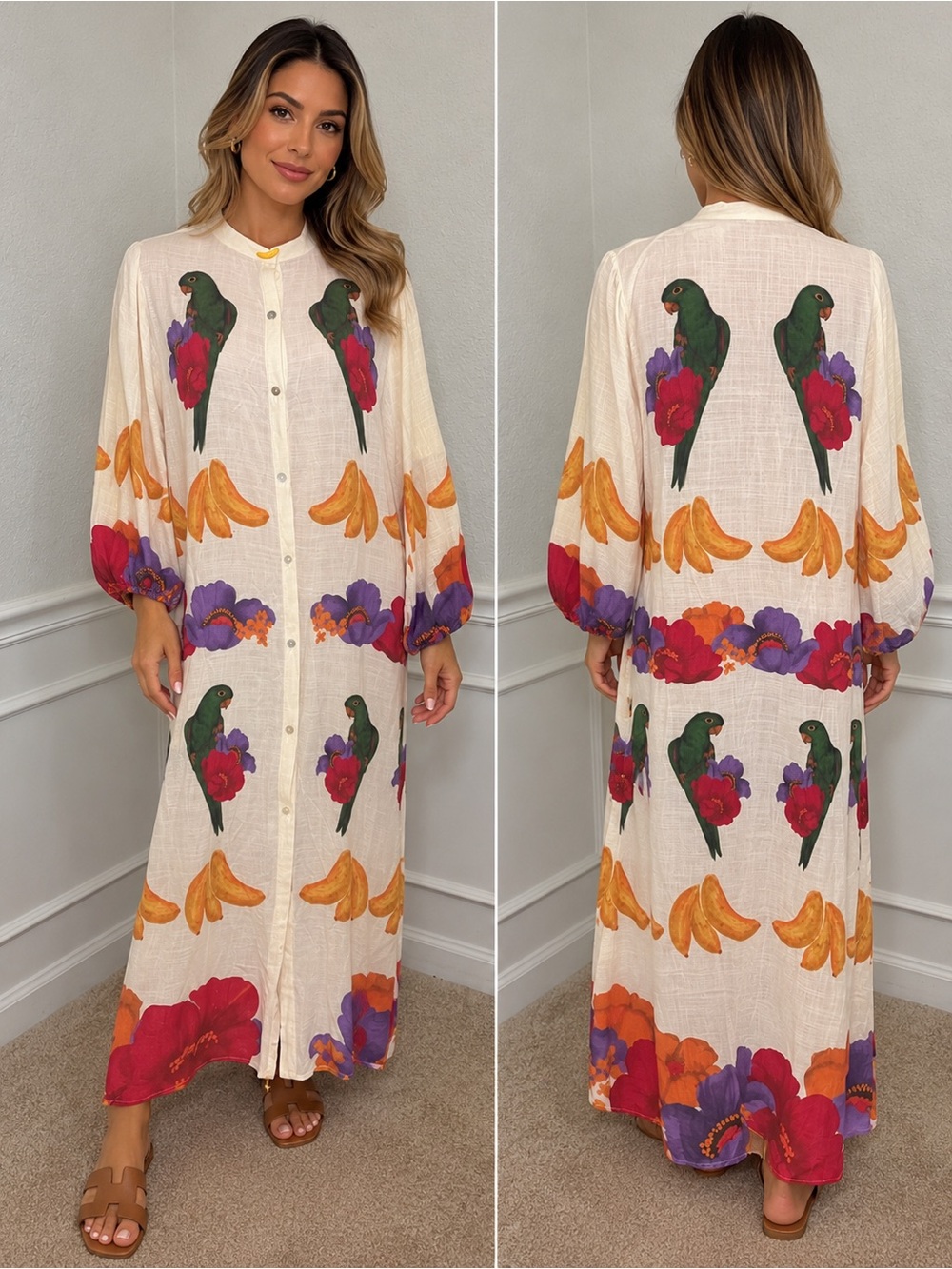 Farm Rio Tropical Parrot & Floral Print Maxi Dress S